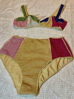 Oséree Multicolor Lurex Glitter High-Waist Bikini Set Size S